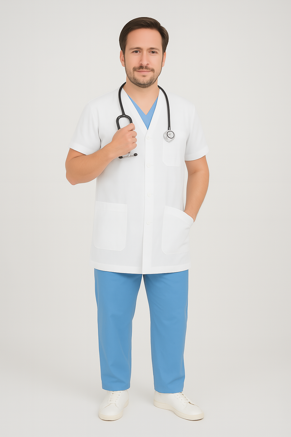 Half Sleeve Doctor Apron for Men – 3 Pockets | Short Medical Coat | White - Zylacia