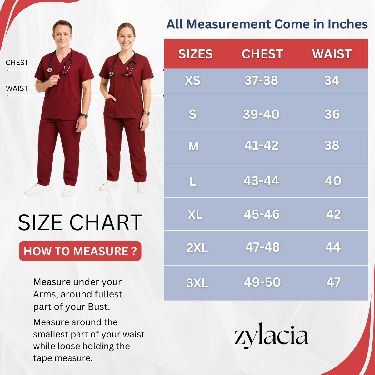 🧵 Size Chart Guide for Doctor Scrub Suits in India – Zylacia