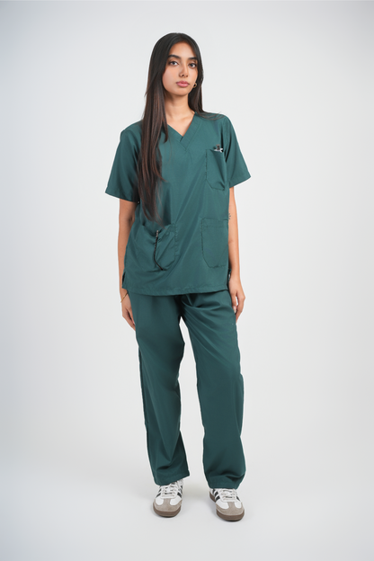 Female Scrub Suit – 5 Pockets | Bottle Green | Comfortable Cotton-Blend Medical Uniform for Women