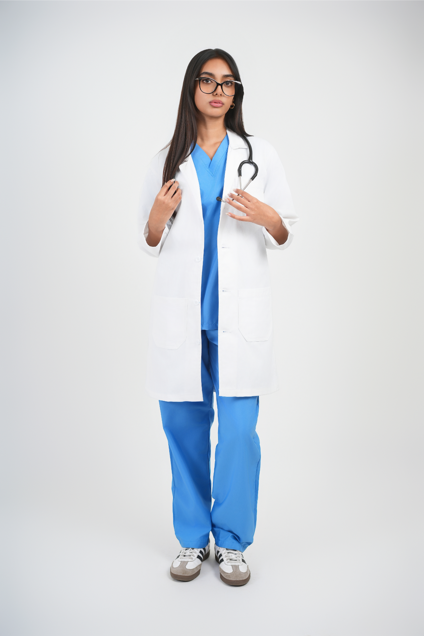 Full Sleeve Doctor Apron for Women – 3 Pockets | Long-Length White Medical Coat | Female Fit