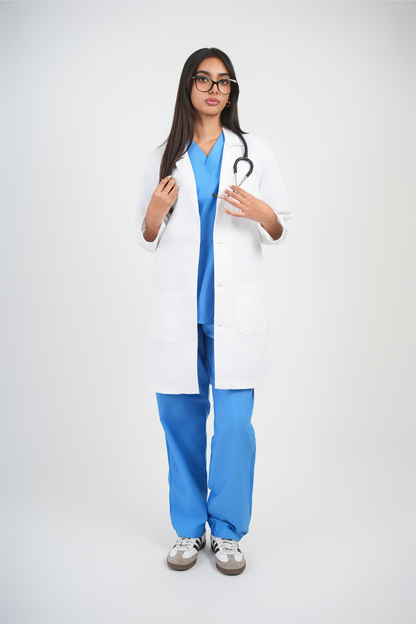 Full Sleeve Doctor Apron for Women – 3 Pockets | Long-Length White Medical Coat | Female Fit
