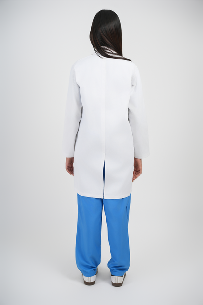 Full Sleeve Doctor Apron for Women – 3 Pockets | Long-Length White Medical Coat | Female Fit