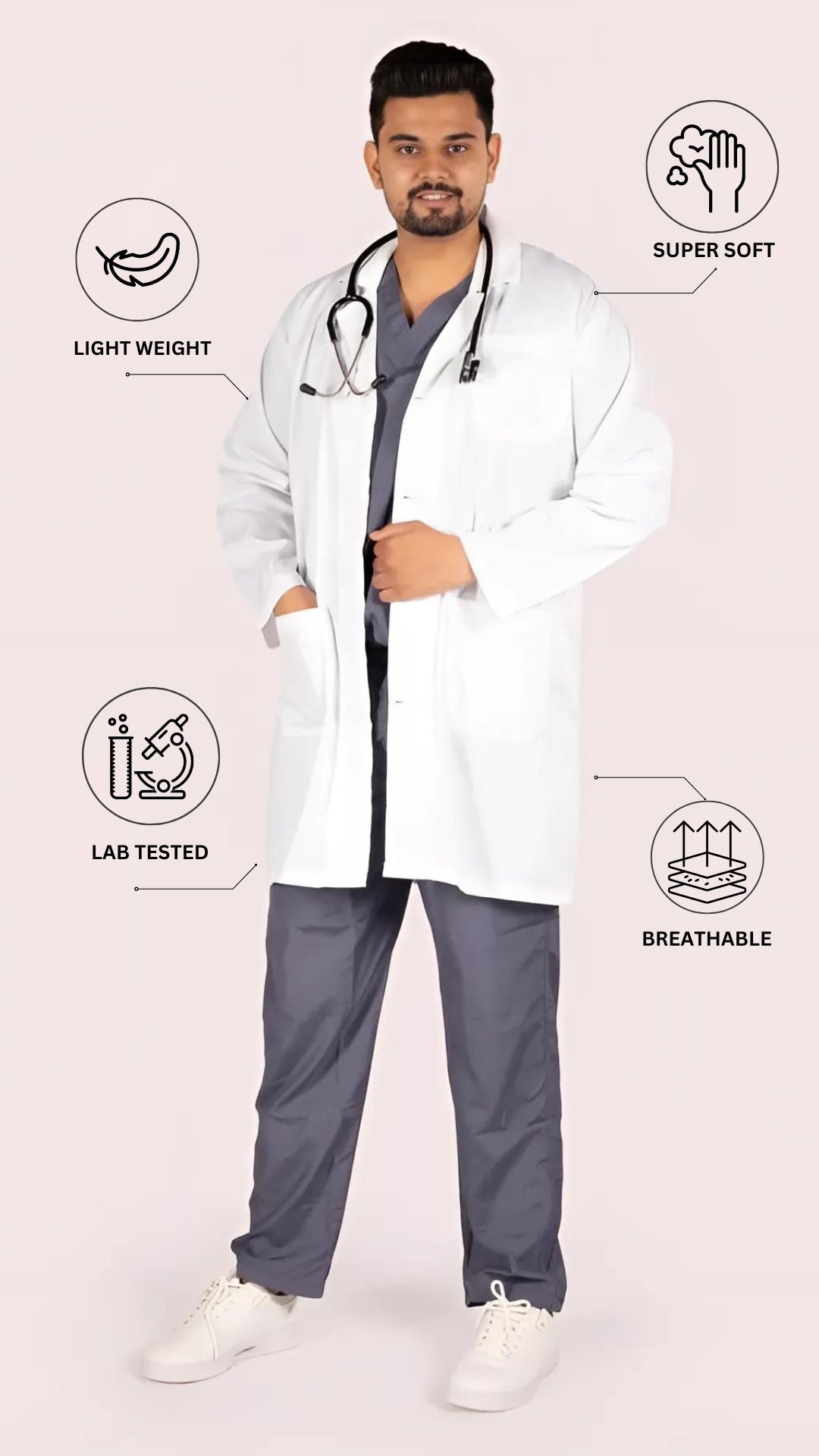 Full Sleeve Doctor Apron for Men – 3 Pockets | Long-Length Medical Coat | White