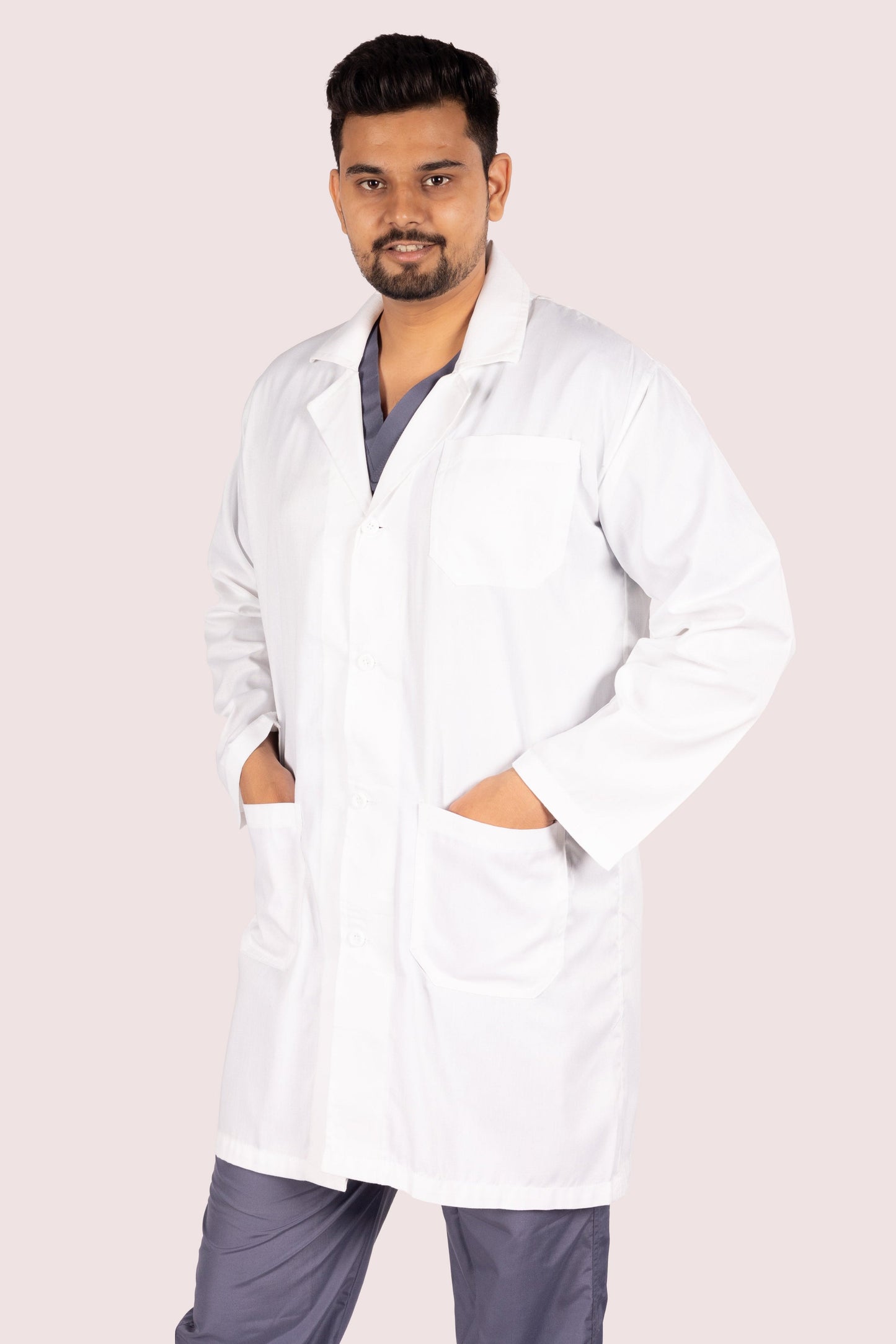 Full Sleeve Doctor Apron for Men – 3 Pockets | Long-Length Medical Coat | White