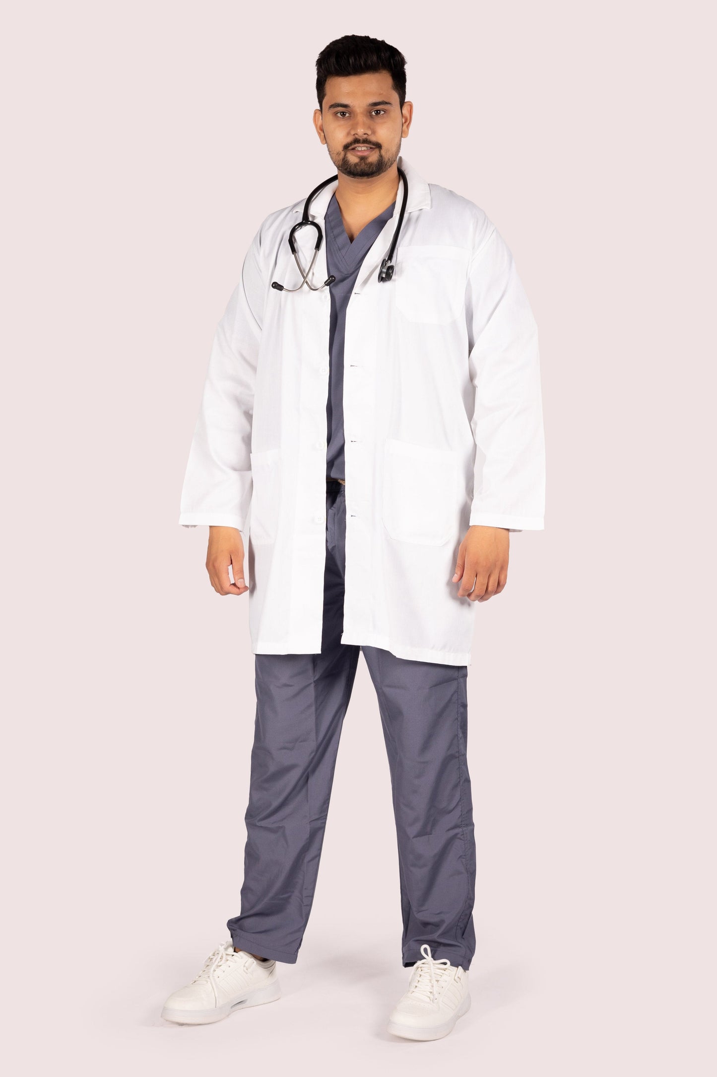 Full Sleeve Doctor Apron for Men – 3 Pockets | Long-Length Medical Coat | White