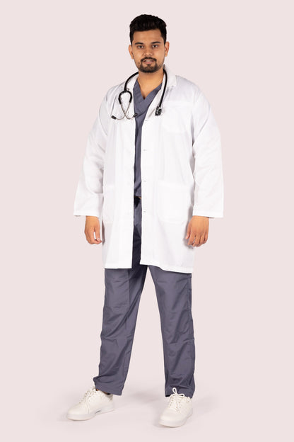 Full Sleeve Doctor Apron for Men – 3 Pockets | Long-Length Medical Coat | White