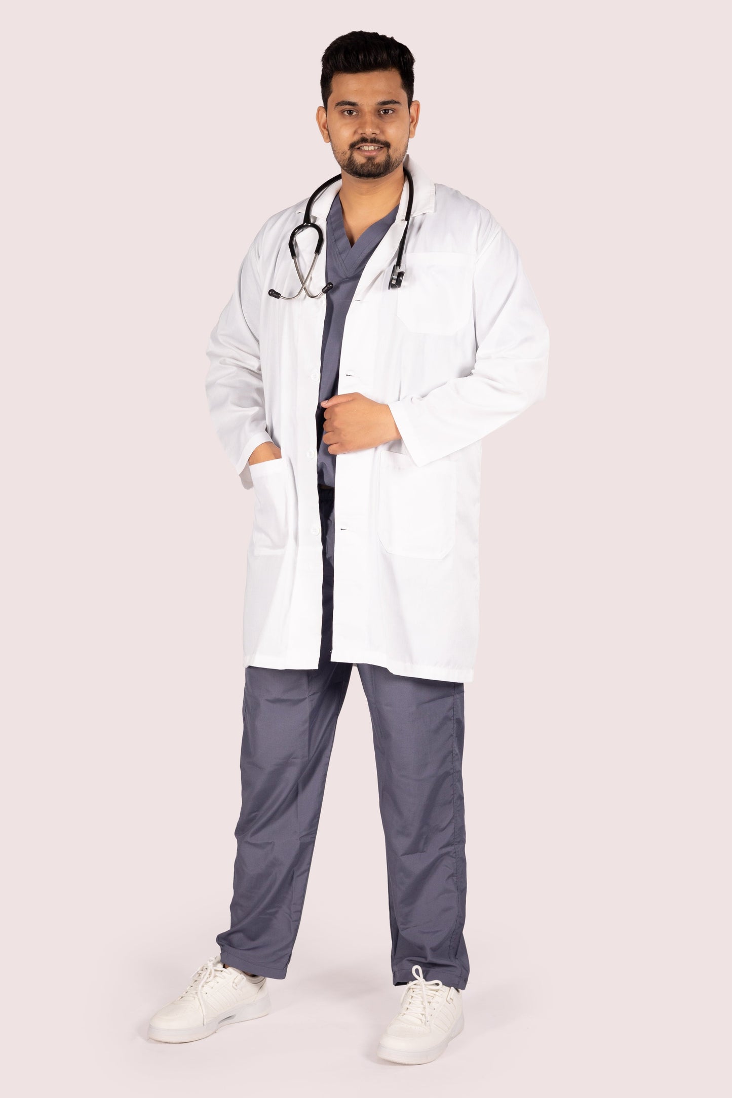 Full Sleeve Doctor Apron for Men – 3 Pockets | Long-Length Medical Coat | White