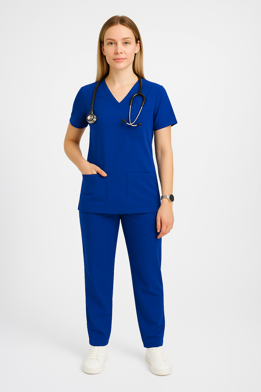 Female Scrub Suit – 5 Pockets | Peackock Blue | Cotton-Blend Medical Uniform