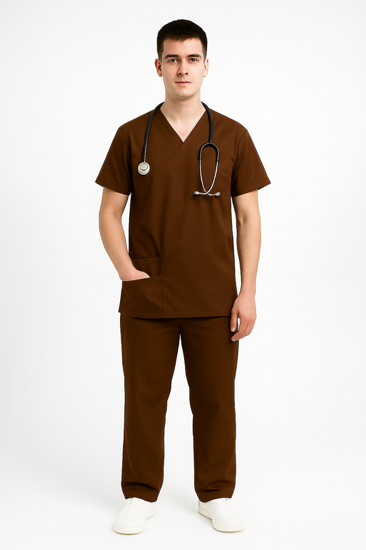 Male Scrub Suit – 5 Pockets | Coffee | Comfortable Cotton-Blend Medical Uniform for Men