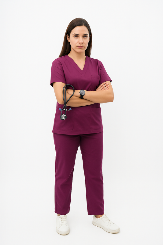 Female Scrub Suit – 5 Pockets | Wine | Comfortable Cotton-Blend Medical Uniform for Female