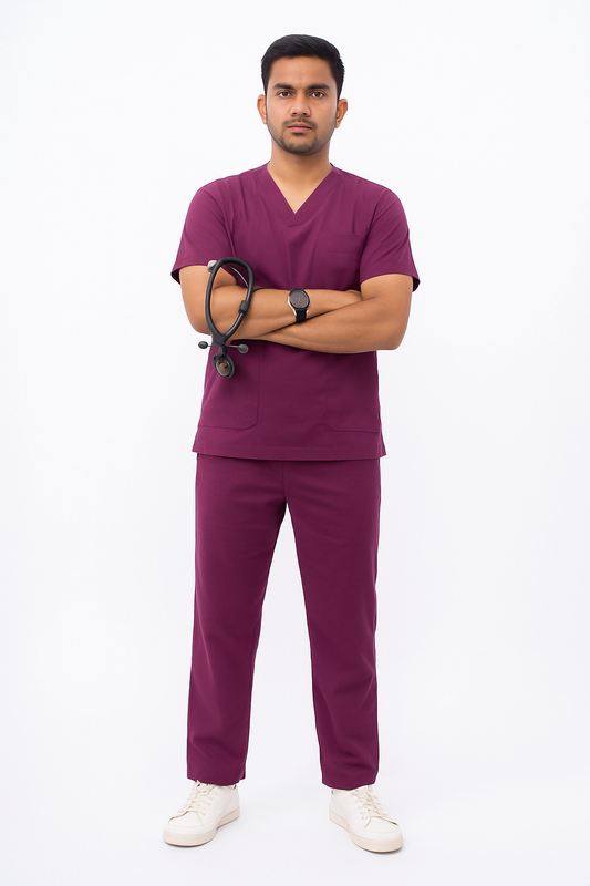 Male Scrub Suit – 5 Pockets | Wine | Cotton-Blend Medical Uniform - Zylacia