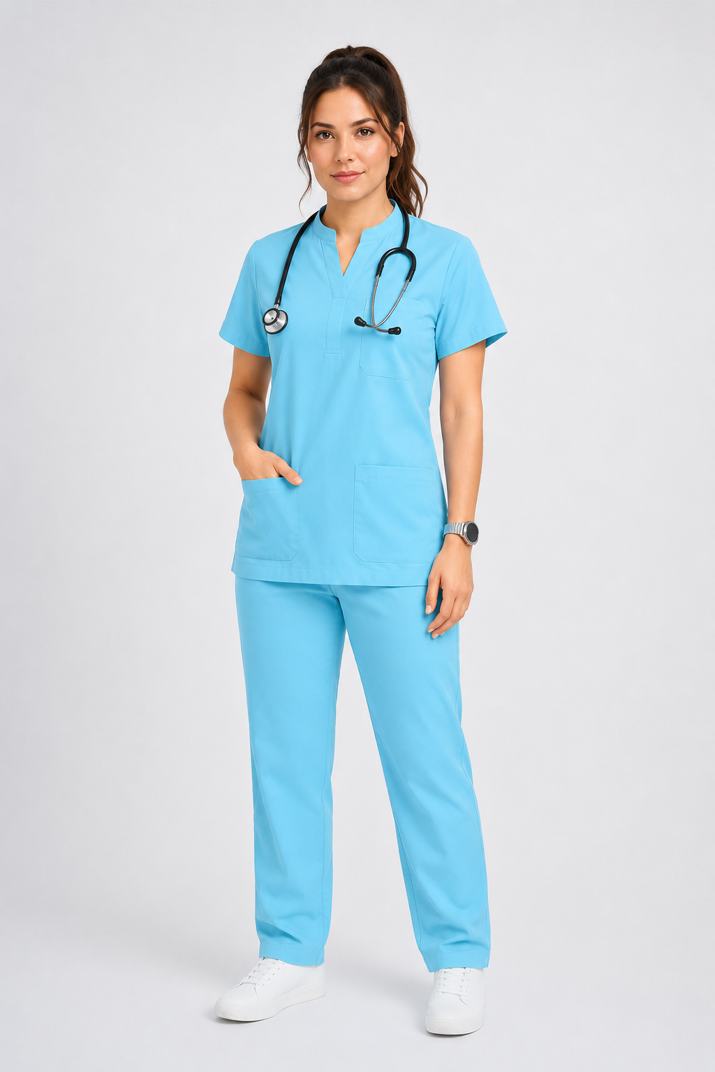 Collared Scrub Suit – 5 Pockets Sky Blue Female