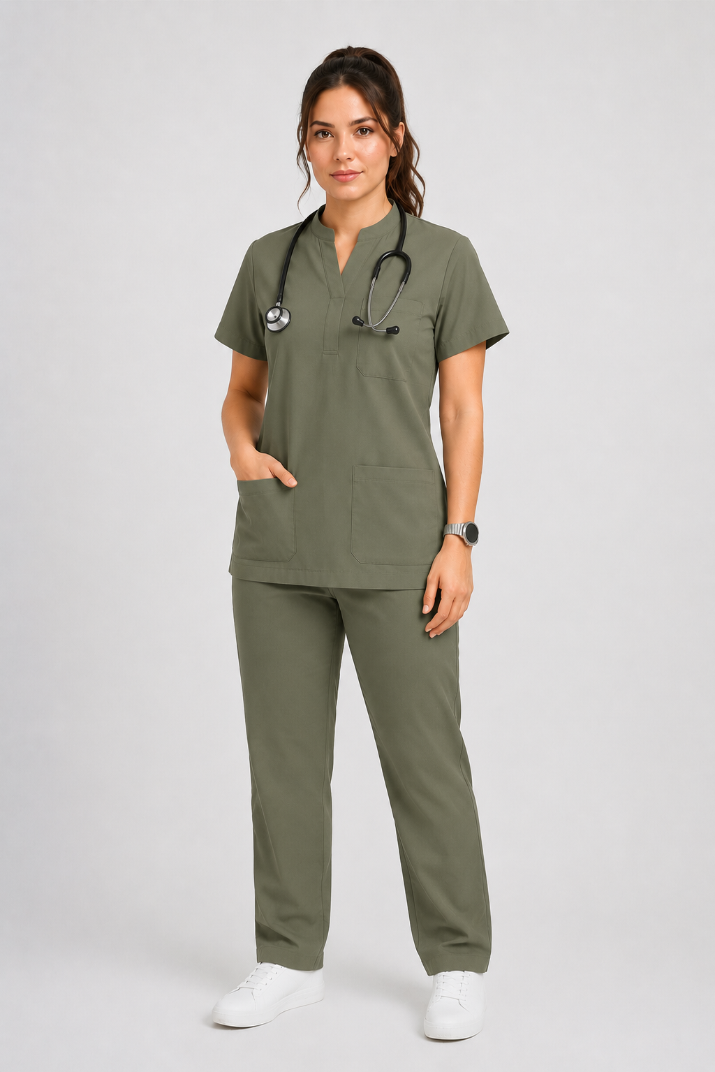 Collared Scrub Suit – 5 Pockets Olive Female