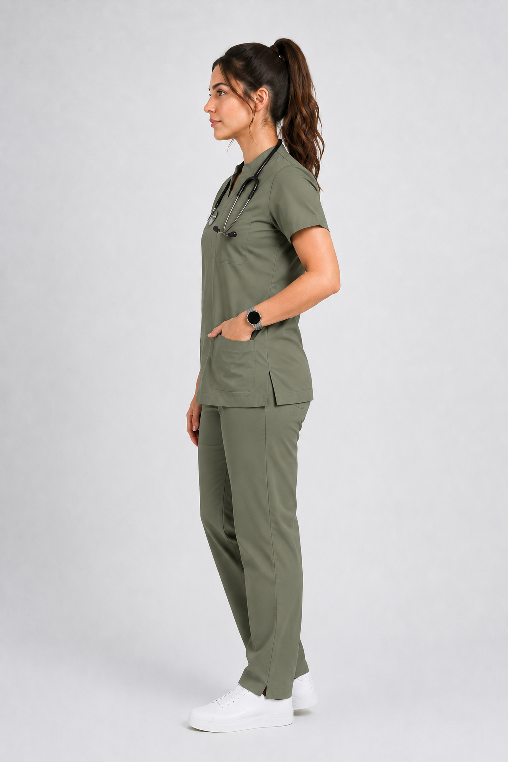 Collared Scrub Suit – 5 Pockets Olive Female