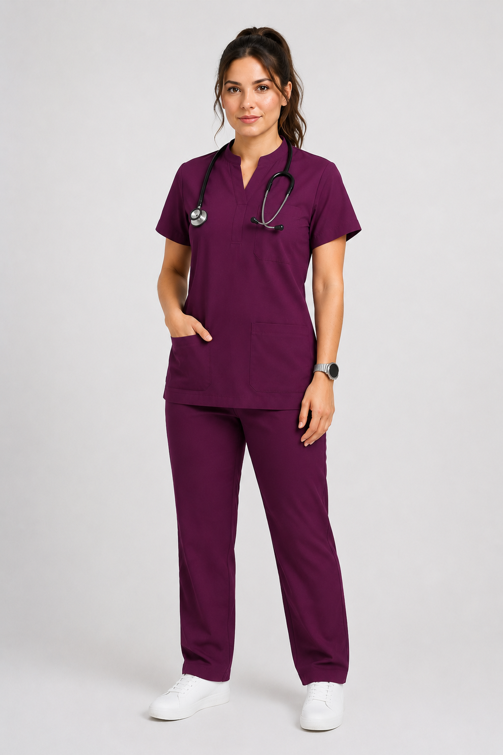 Collared Scrub Suit – 5 Pockets Wine Female