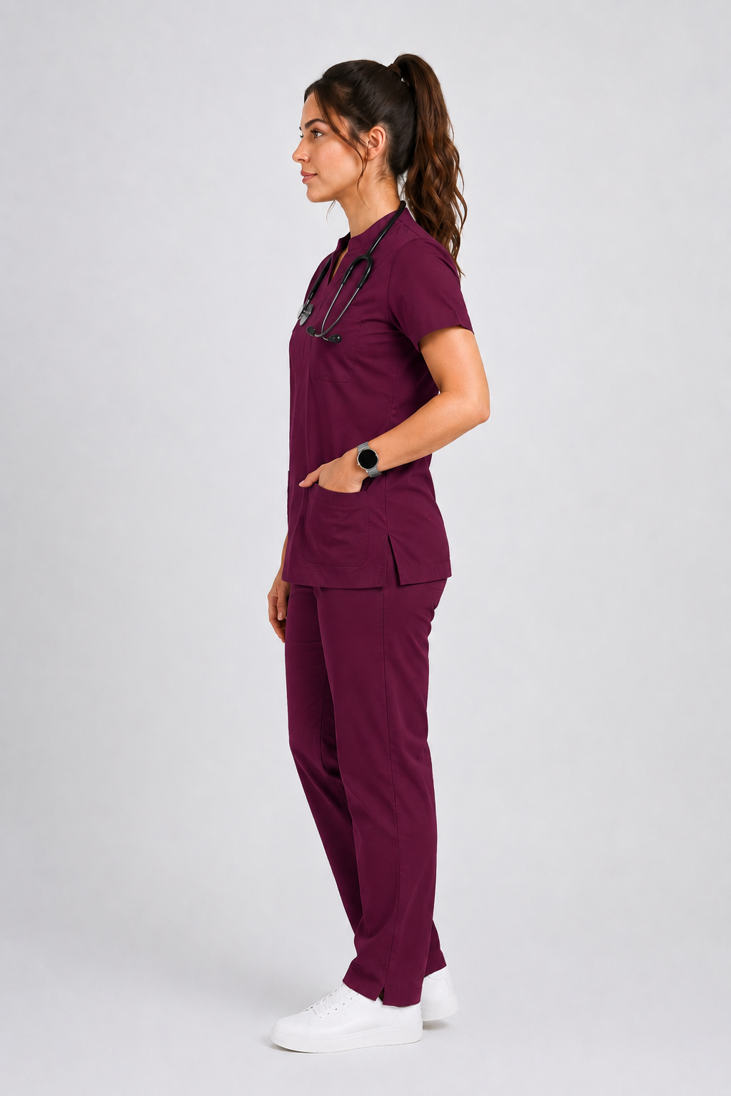 Collared Scrub Suit – 5 Pockets Wine Female