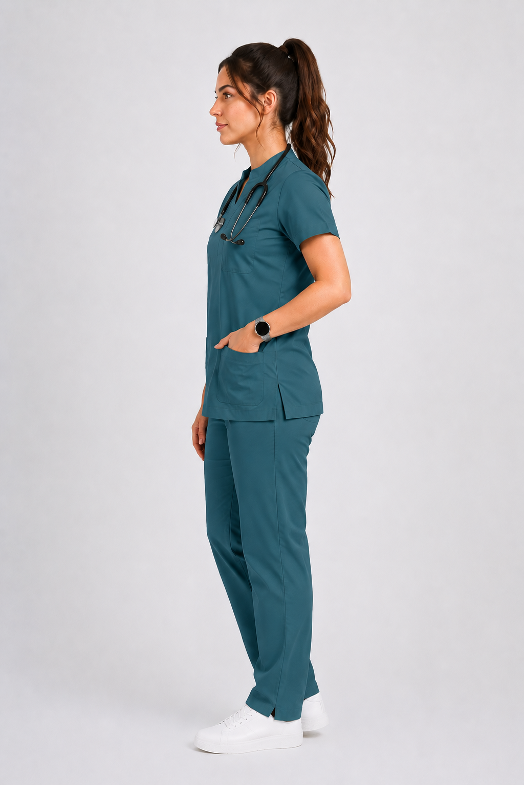 Collared Scrub Suit – 5 Pockets Bottle Green Female