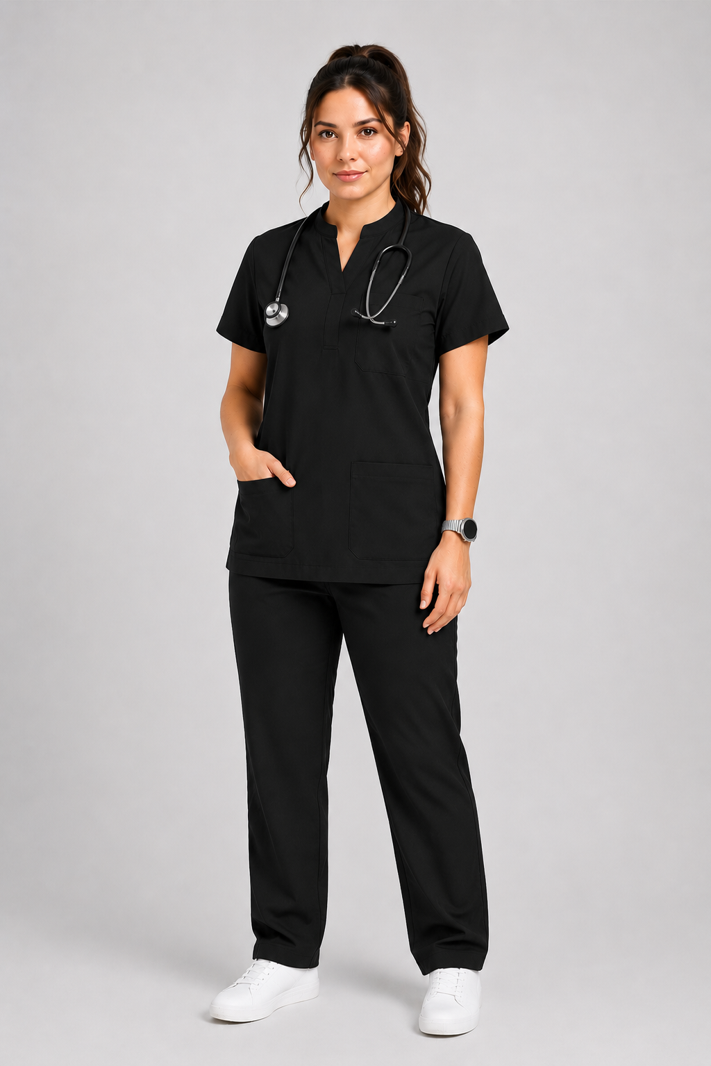 Collared Scrub Suit – 5 Pockets Black Female