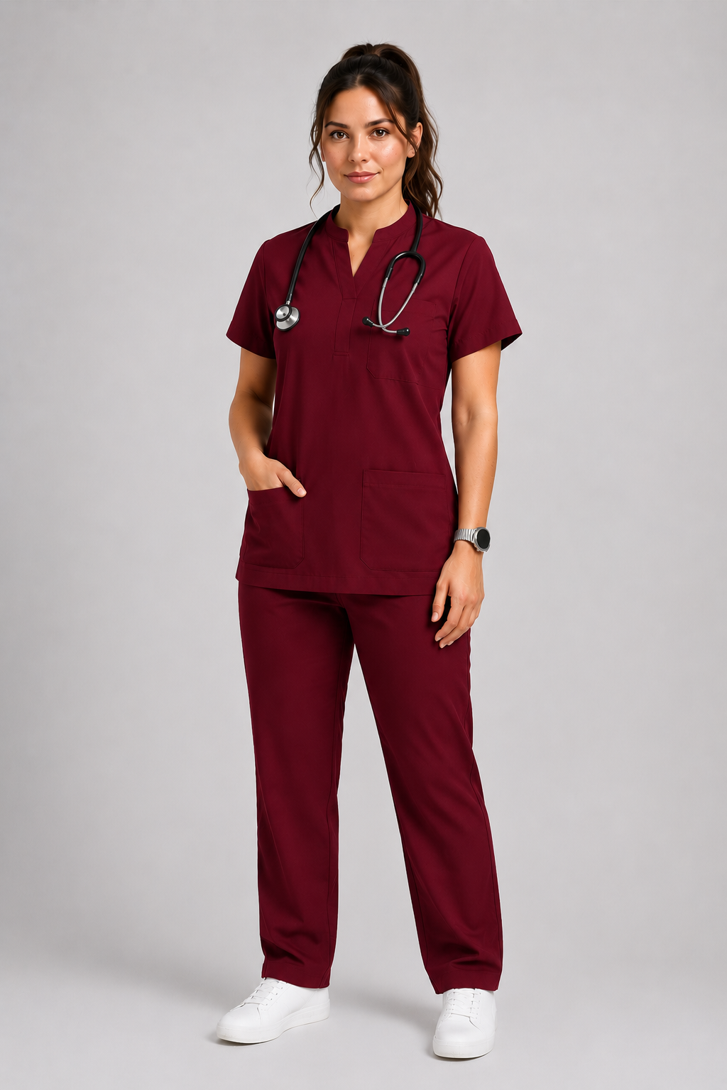 Collared Scrub Suit – 5 Pockets Maroon Female