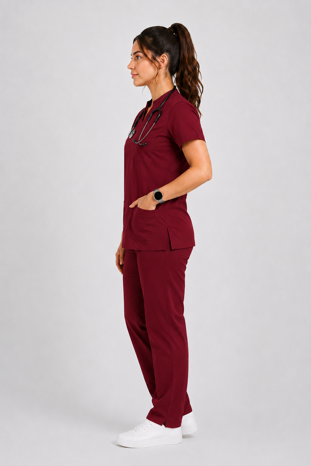 Collared Scrub Suit – 5 Pockets Maroon Female