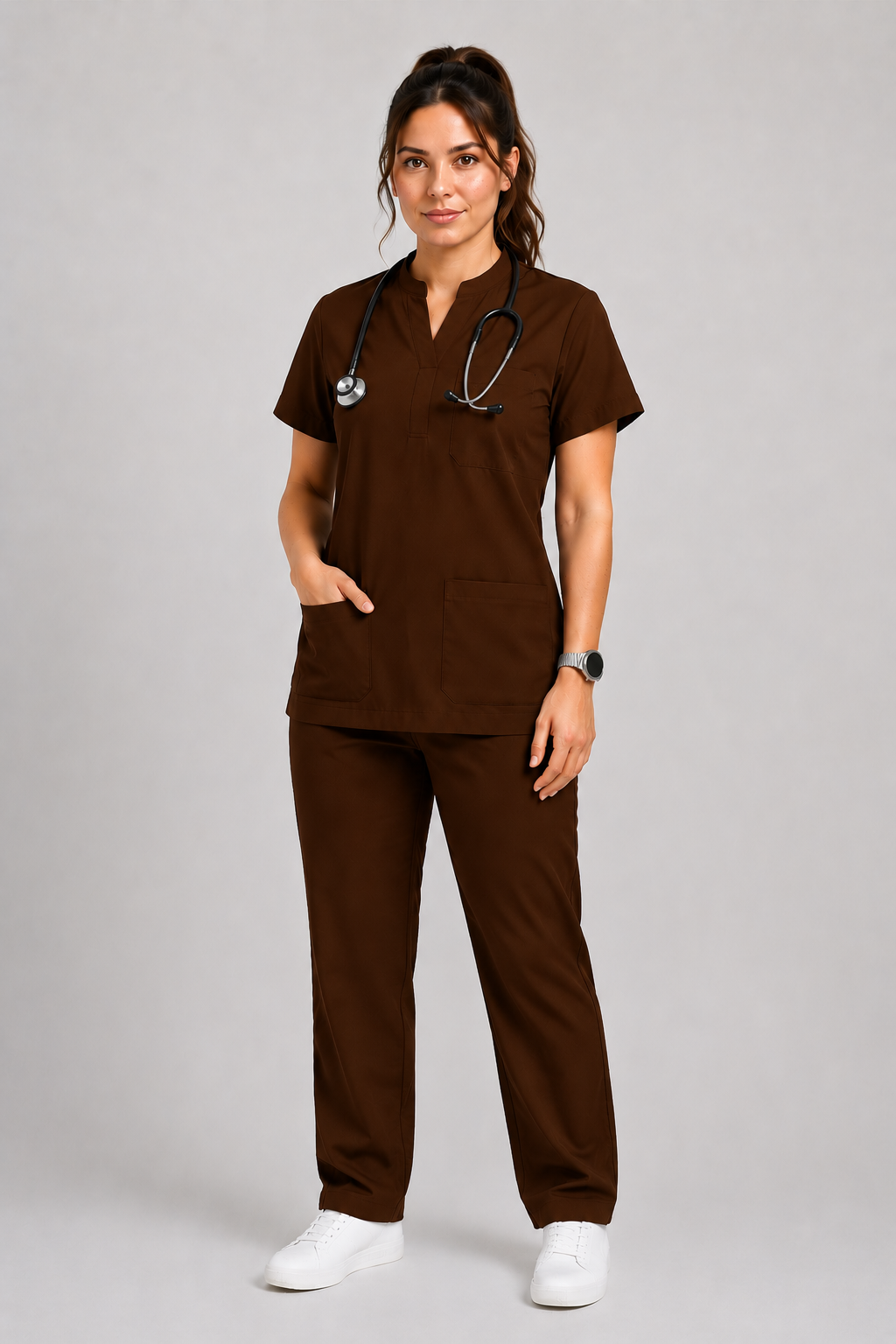 Collared Scrub Suit – 5 Pockets Coffee Female