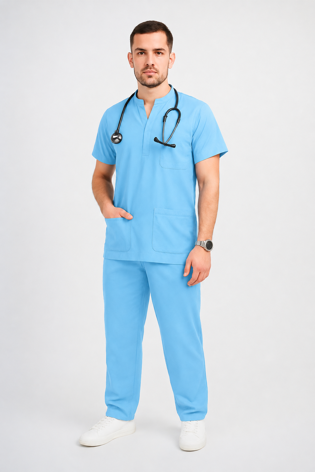 Collared Scrub Suit – 5 Pockets Sky Blue Male