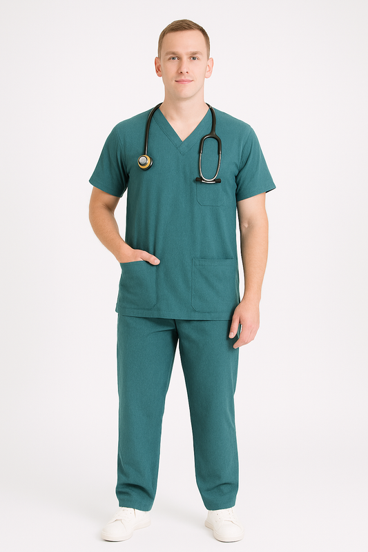 Male Scrub Suit – 5 Pockets | Bottle Green | Cotton-Blend Medical Uniform - Zylacia