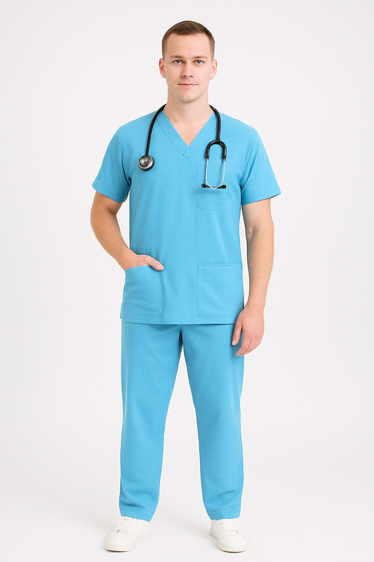 Male Scrub Suit – 5 Pockets | Sky Blue | Cotton-Blend Medical Uniform - Zylacia