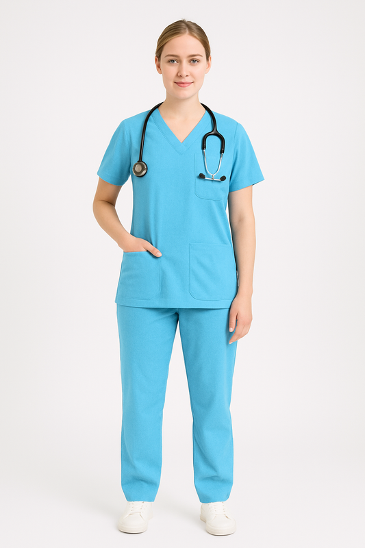 Female Scrub Suit – 5 Pockets | Sky Blue | Comfortable Cotton-Blend Medical Uniform for Women - Zylacia