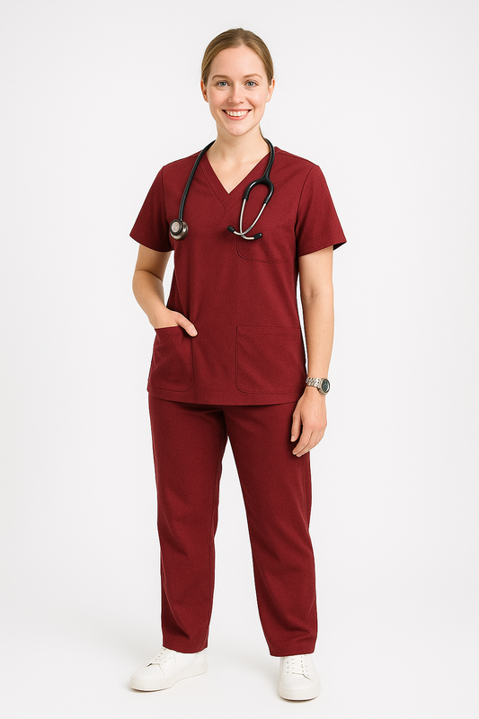 Female Scrub Suit – 5 Pockets | Maroon | Comfortable Cotton-Blend Medical Uniform for Women - Zylacia