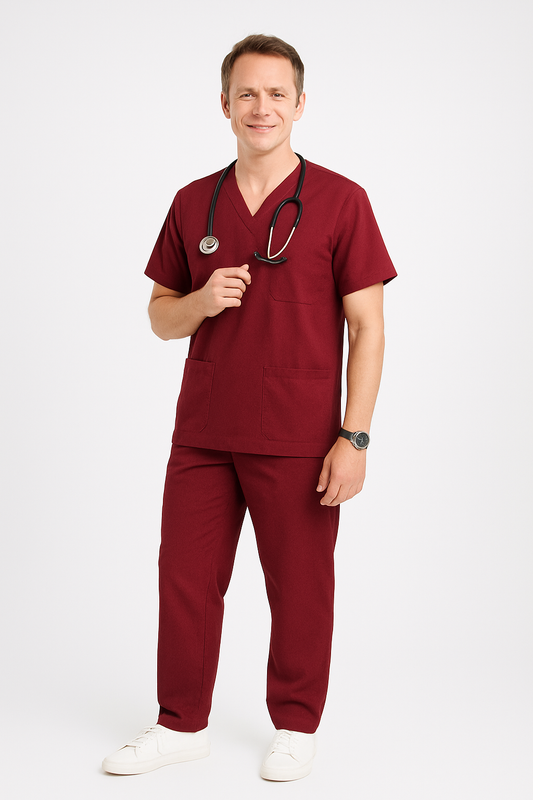 Male Scrub Suit – 5 Pockets | Maroon | Cotton-Blend Medical Uniform - Zylacia