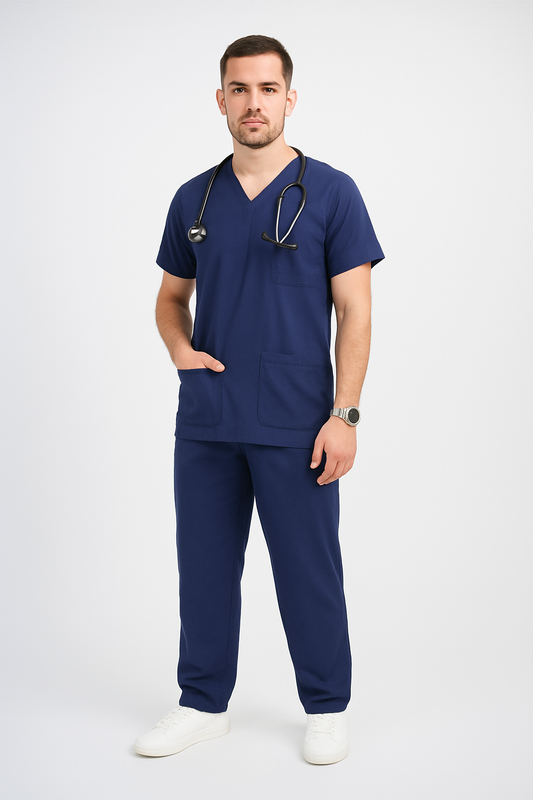 Male Scrub Suit – 5 Pockets | Navy Blue | Cotton-Blend Medical Uniform - Zylacia