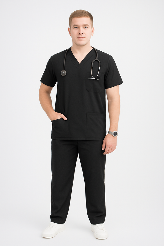 Male Scrub Suit – 5 Pockets | Black | Cotton-Blend Medical Uniform - Zylacia