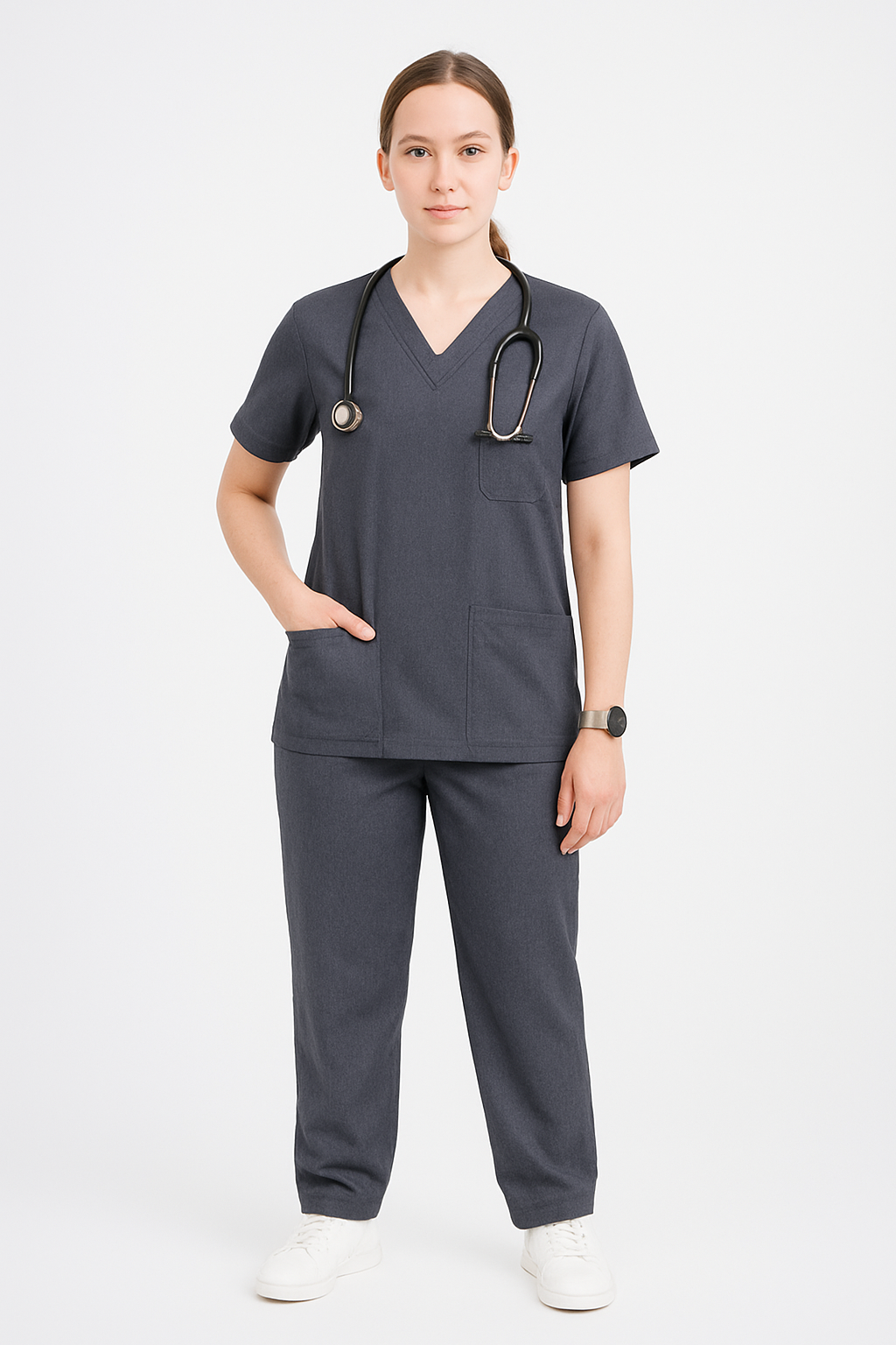 Female Scrub Suit – 5 Pockets | Grey | Comfortable Cotton-Blend Medical Uniform for Women - Zylacia