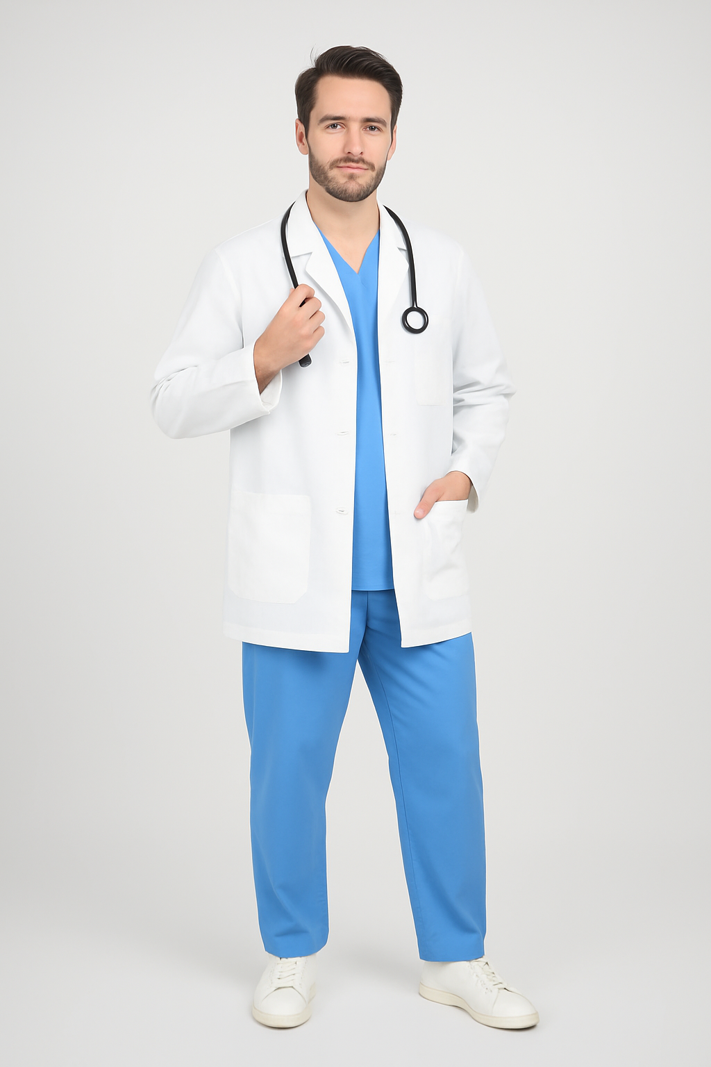 Full Sleeve Doctor Apron for Men – 3 Pockets | Short Medical Coat | White - Zylacia