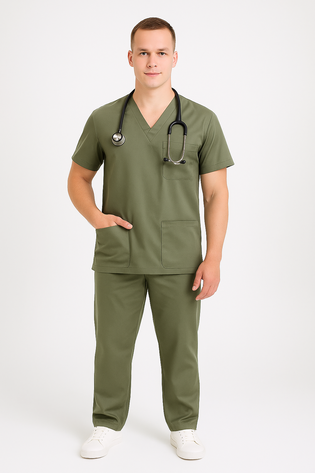 Male Scrub Suit – 5 Pockets | Olive | Comfortable Cotton-Blend Medical Uniform for Men