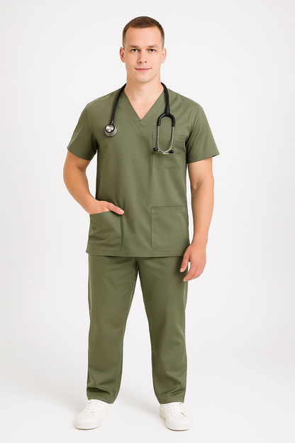 Male Scrub Suit – 5 Pockets | Olive | Comfortable Cotton-Blend Medical Uniform for Men
