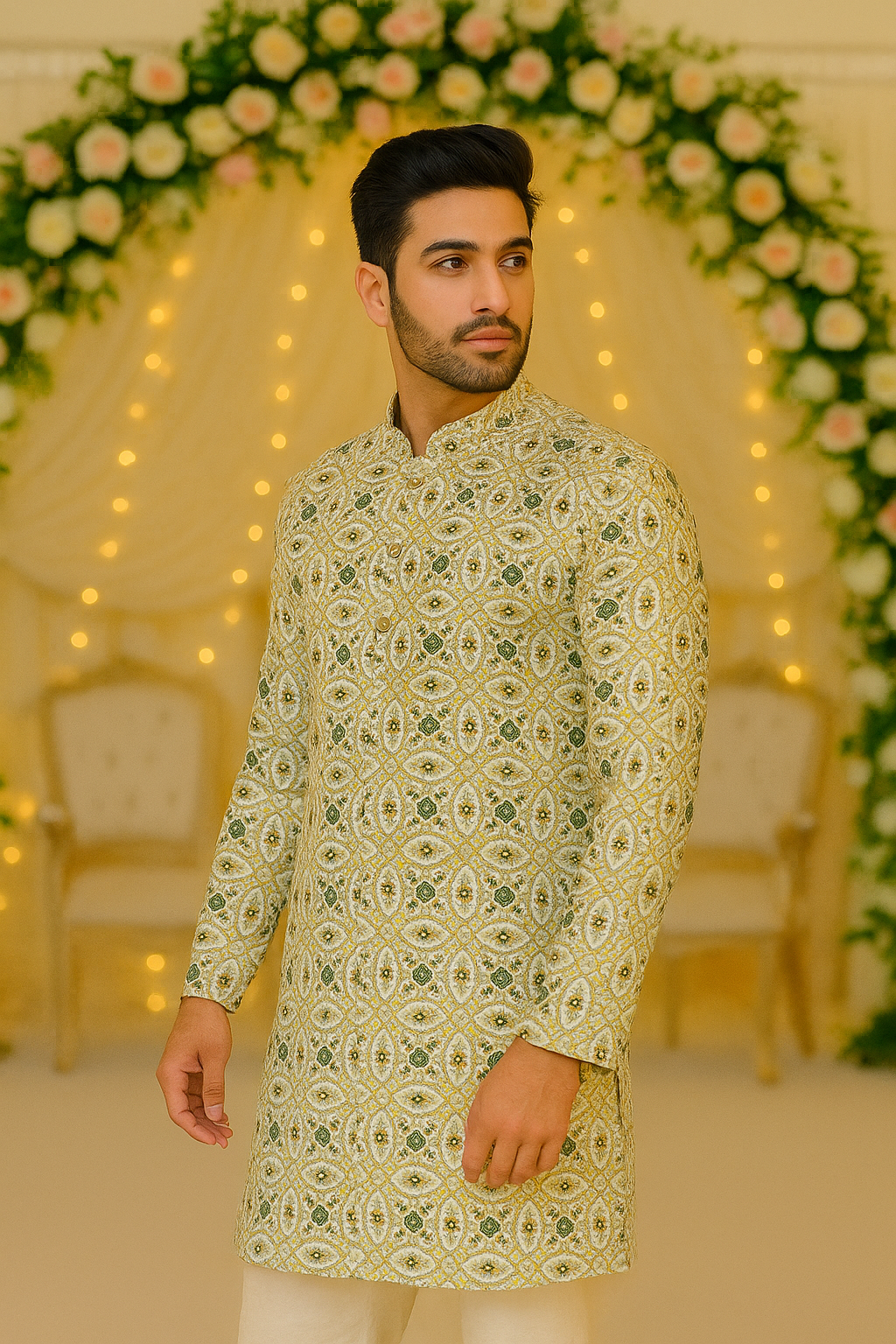 Regal Patterned Kurta in White & Emerald Accents