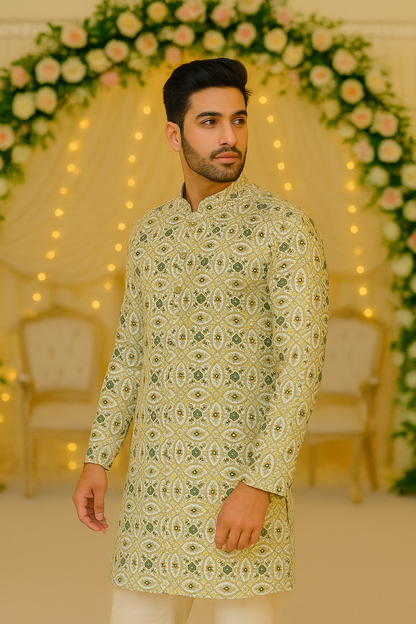 Regal Patterned Kurta in White & Emerald Accents