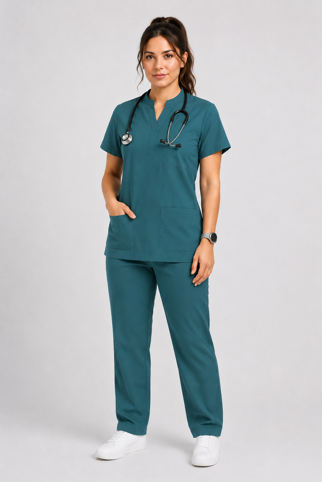 Collared Scrub Suit – 5 Pockets Bottle Green Female