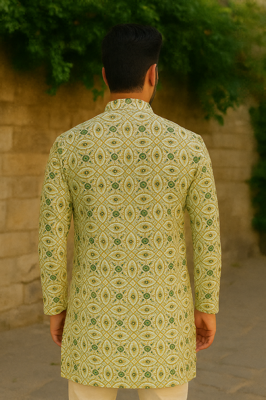 Regal Patterned Kurta in White & Emerald Accents