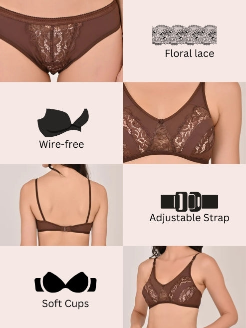 Elegant Lace Sensual Lingerie Set non wired - Dark Brown