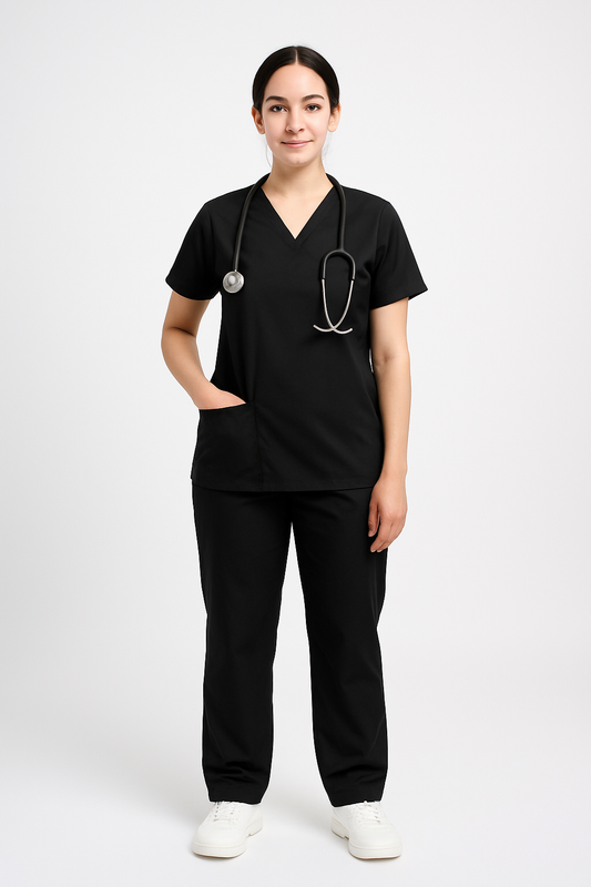 Female Scrub Suit – 5 Pockets | Black | Comfortable Cotton-Blend Medical Uniform for Women - Zylacia