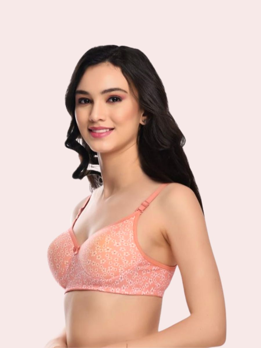 Essentials Double Layered Non Wired Full Coverage Bra & Panty Set - Peach Floral