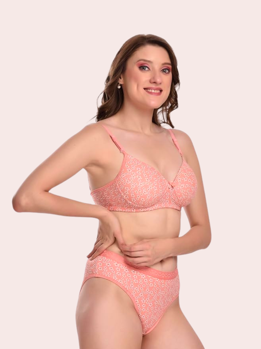 Essentials Double Layered Non Wired Full Coverage Bra & Panty Set - Peach Floral
