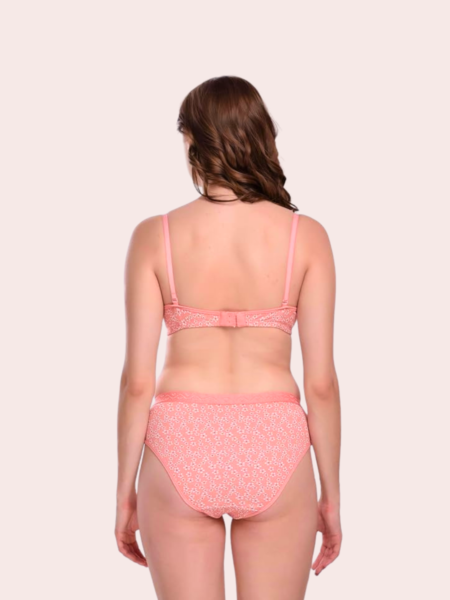 Essentials Double Layered Non Wired Full Coverage Bra & Panty Set - Peach Floral